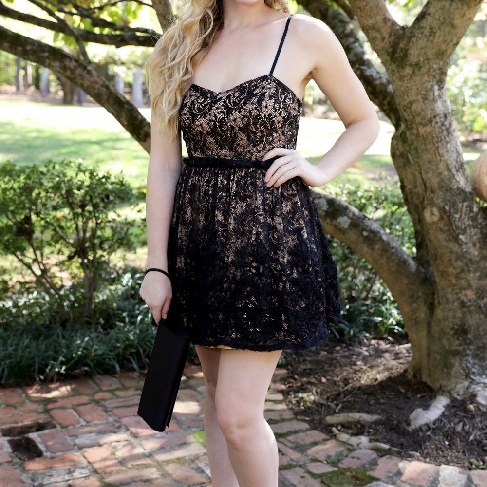 CITY TRIANGLES Black Lace & Nude Party Dress